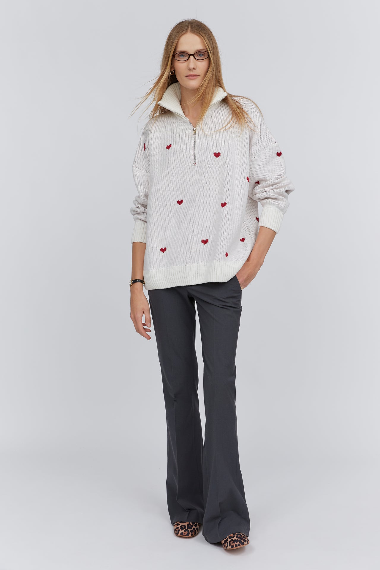 White jacquard half-zip sweater