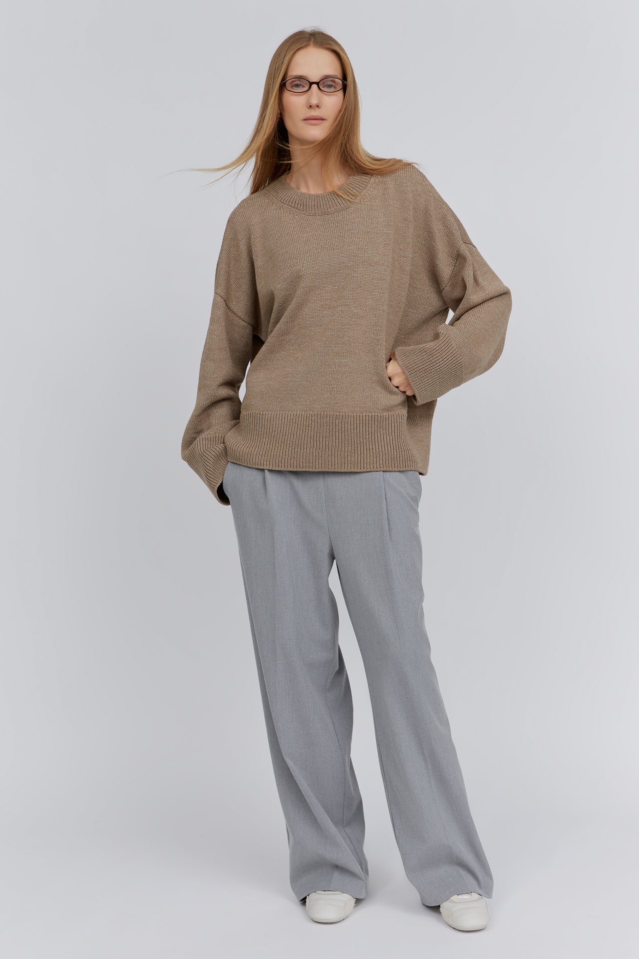 Beige crew-neck merino wool sweater