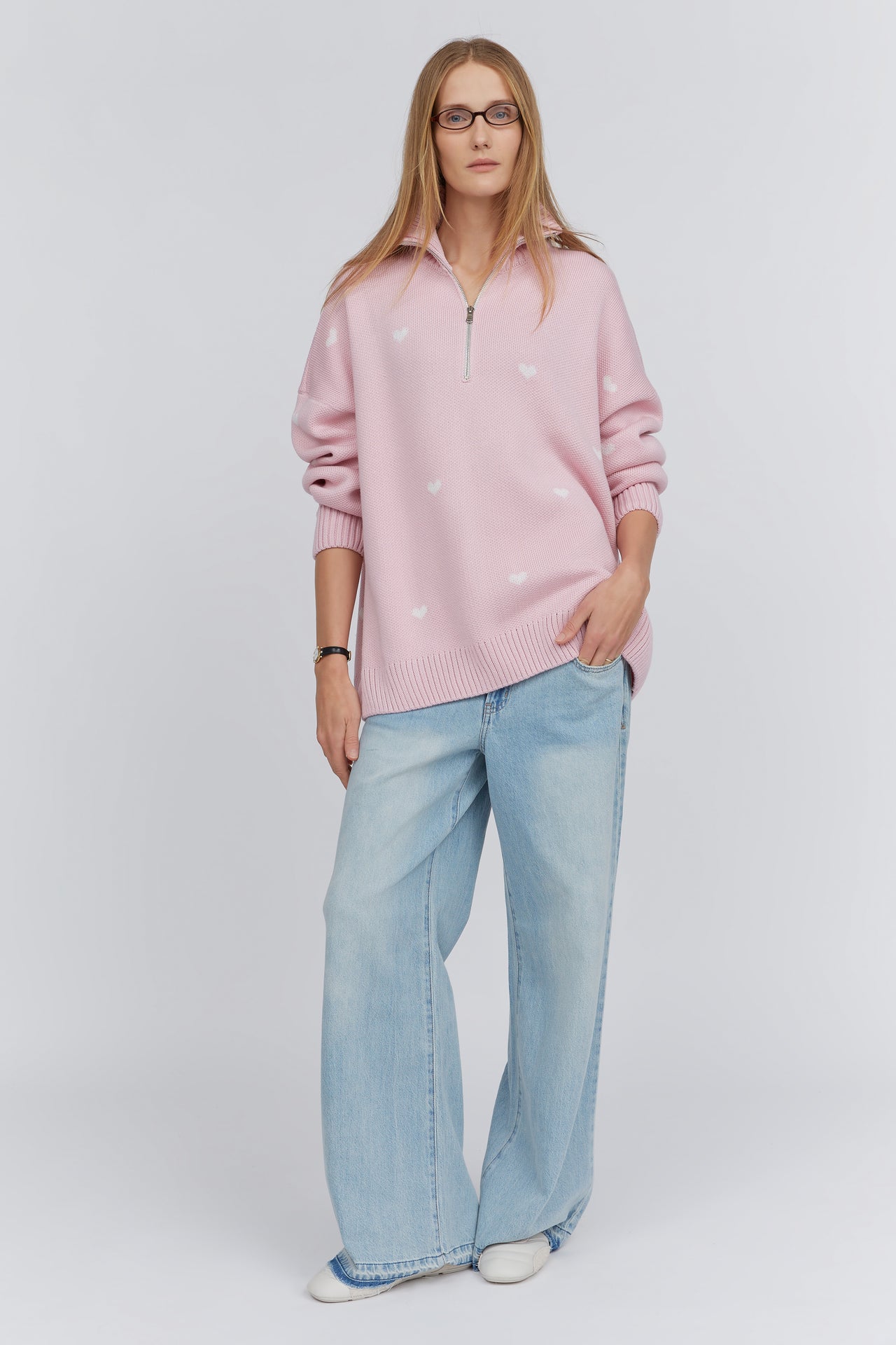 Pink jacquard half-zip sweater