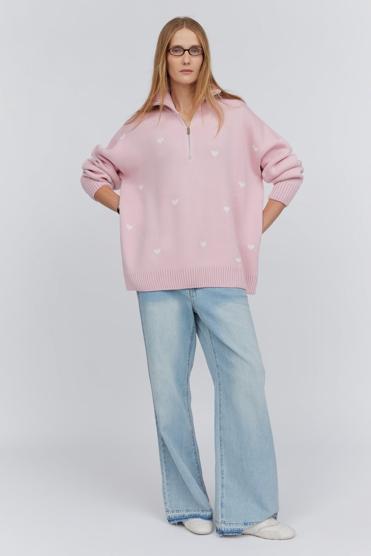 Pink Jacquard Half-Zip Sweater